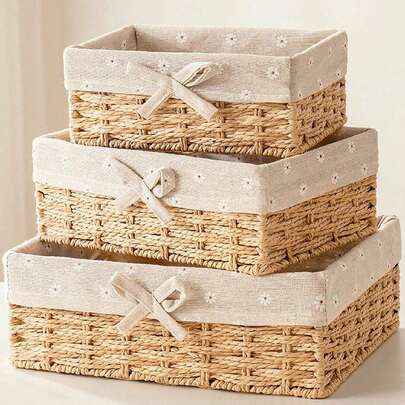 1 pieza/Set de 3 piezas (S+M+L) Cesta de almacenamiento de escritorio tejida, adecuada para aperitivos, cosméticos, juguetes y otros artículos del hogar, caja de almacenamiento de tela multifuncional para mesa de café o cesta de llaves, organizador de espacio de almacenamiento del armario, regalo de decoración navideña, cesta organizadora de almacenamiento, cesta de regalo ideal para la decoración de la habitación