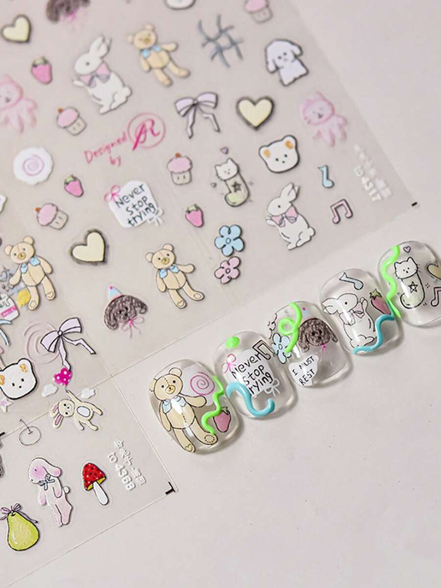 1pc Cartoon Plush Cat/Bear Nail Art Stickers DIY Cute Style Nail Decoration Stickers - 彩色 - 查看 1
