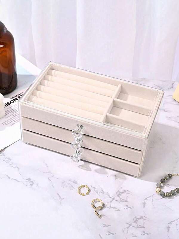 1pc Acrylic 3-Layer Transparent Drawer Style Jewelry Box, Ring & Earring Multi-Compartment Organizer Box, Dustproof & Oxidation-Proof Jewellery Case, Tray Style Velvet Jewelry Box, Jewelry Counter Display Box