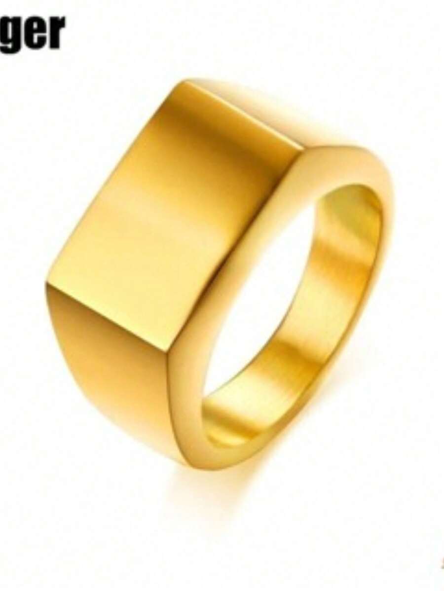 Flat Top Square Band Signet Ring Men Oxidized Silver Color Stainless Steel Vintage Rustic Male Jewelry - Dorado - Ver 1
