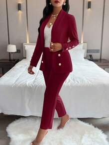 AIJ Amarilo Women's Solid Color Minimalist Daily Wear Long Sleeve Pants Suit, 2 Pieces Set - Burgundy - View 3