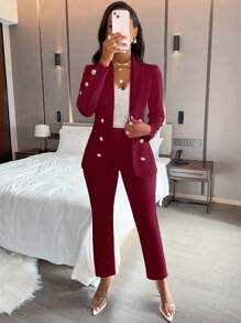 AIJ Amarilo Women's Solid Color Minimalist Daily Wear Long Sleeve Pants Suit, 2 Pieces Set - Burgundy - View 6