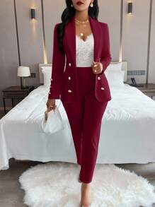 AIJ Amarilo Women's Solid Color Minimalist Daily Wear Long Sleeve Pants Suit, 2 Pieces Set - Burgundy - View 1