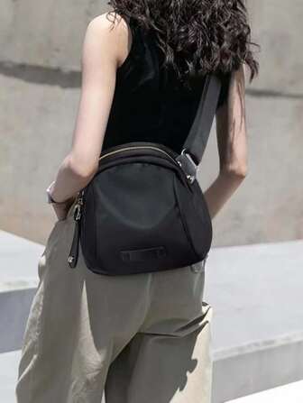 Black Minimalist Round Crossbody Bag, Wear-Resistant, Suitable For Daily Commute Women Nylon Crossbody Bag, Water Proof Shoulder Bag, Multi Zipper Messenger Bag