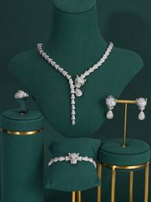 4 pièces Ensemble de collier, boucles d'oreilles, bague et bracelet de luxe avec motif léopard/tigre, pierres de zircone cubique blanche, forme de feuille. Ensemble de bijoux pour femme pour fête et mariage, cadeau pour la Saint-Valentin