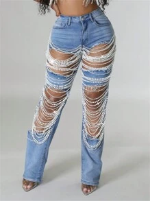 Straight Leg Jeans For Women Mid-Rise Distressed Ripped Hole Pearl Chain Boyfriend Denim Pants - Light Wash - View 2