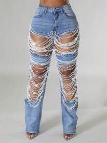 Straight Leg Jeans For Women Mid-Rise Distressed Ripped Hole Pearl Chain Boyfriend Denim Pants - Light Wash - View 1