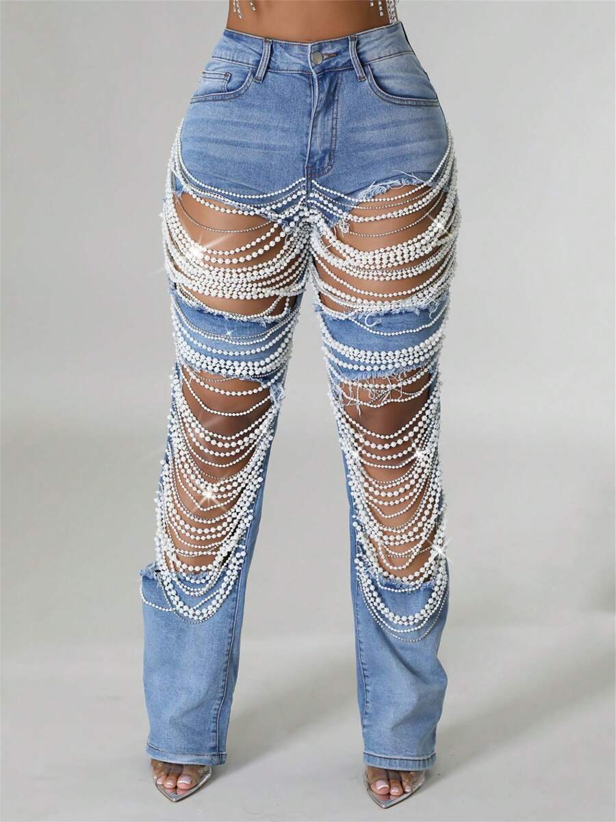 Straight Leg Jeans For Women Mid-Rise Distressed Ripped Hole Pearl Chain Boyfriend Denim Pants - Light Wash - View 1