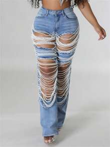 Straight Leg Jeans For Women Mid-Rise Distressed Ripped Hole Pearl Chain Boyfriend Denim Pants - Light Wash - View 3