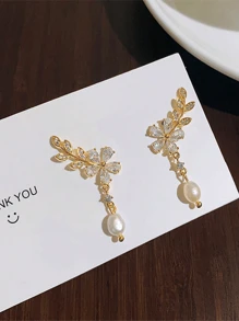 1 对金色/银色水钻麦穗花耳环，仿珍珠耳环，水钻镶嵌麦穗耳环，婚礼新娘珠宝流苏耳环，适合婚礼节日生日派对约会珠宝礼物情人节 - 金色 - 查看 2