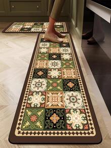 1pc Diatomite Kitchen Mat, High-End Black & White Color Block Retro Floral Pattern Patchwork Design, Luxurious Minimalist Style, Cushioned Anti-Fatigue Kitchen Carpet, Absorbent Quick-Dry Non-Slip Rug For Kitchen, Bathroom, Entryway, Laundry Room, Living Room, Can Be Trimmed To Any Size