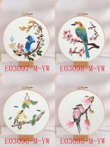 1 件鸟类动物系列刺绣套件，包括刺绣装饰、装裱材料、用于刺绣绘画的随机颜色线轴