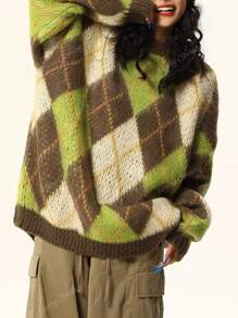 Suéter holgado de punto estilo retro de cuello redondo para mujer, otoño/invierno