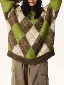 Suéter holgado de punto estilo retro de cuello redondo para mujer, otoño/invierno