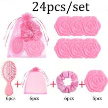24pcs/Set Bridal Shower Favors,Hair Brush+Scrunchies+Cosmetic Mirror+Organza Bags, Hair Accessories For Wedding, Bridesmaid, Proposal, Birthday, Gender Reveal Parties - Pink Party Favors,