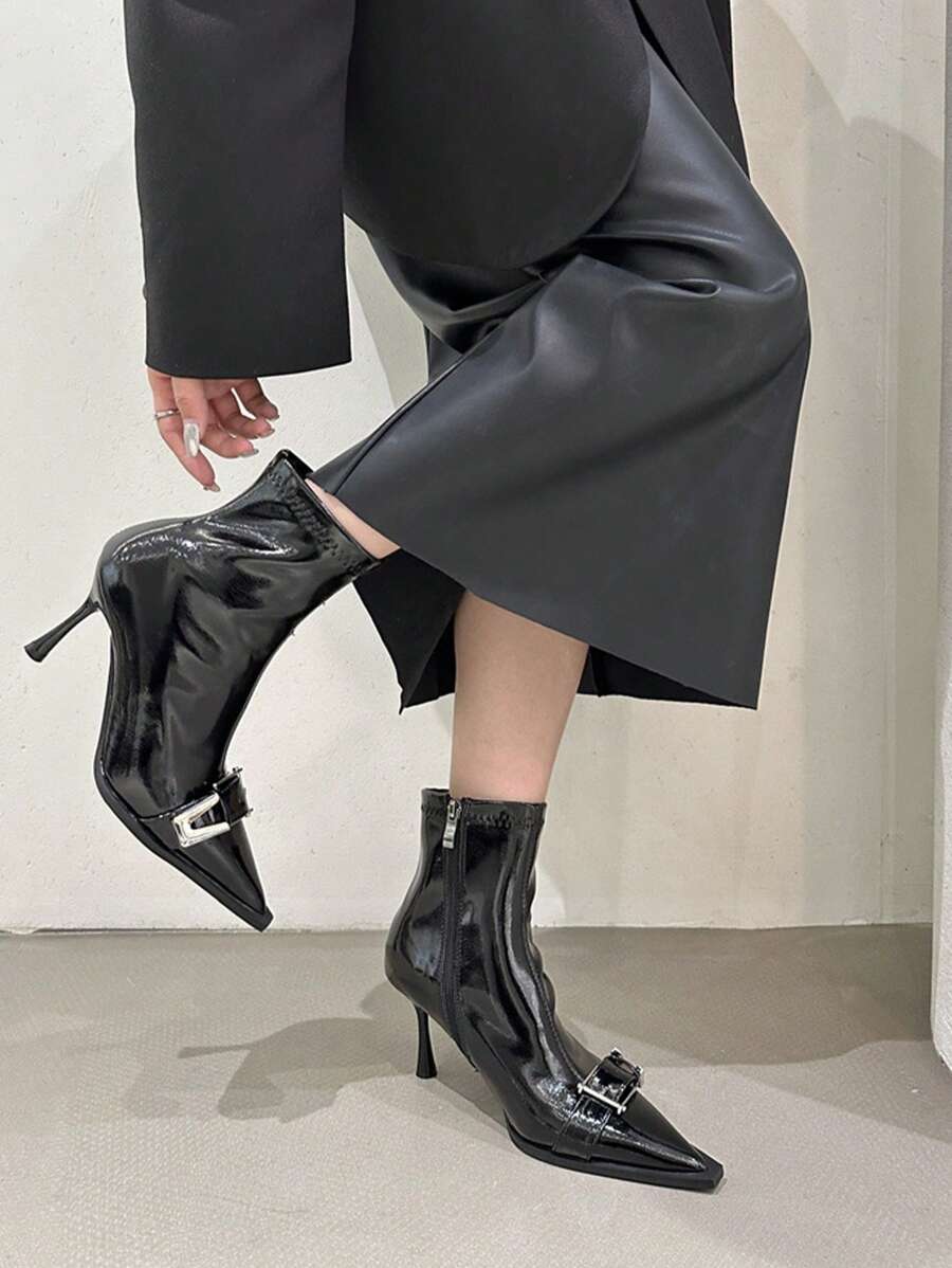 Women Pointed Toe Ankle Boots Glossy Leather Mid-Calf Boots Black High Heel Zipper Decor Fashion New Arrival - Black - View 1