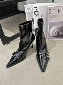 Women Pointed Toe Ankle Boots Glossy Leather Mid-Calf Boots Black High Heel Zipper Decor Fashion New Arrival - Black - View 6