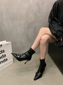Women Pointed Toe Ankle Boots Glossy Leather Mid-Calf Boots Black High Heel Zipper Decor Fashion New Arrival - Black - View 3