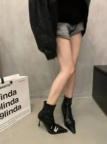 Women Pointed Toe Ankle Boots Glossy Leather Mid-Calf Boots Black High Heel Zipper Decor Fashion New Arrival - Black - View 5