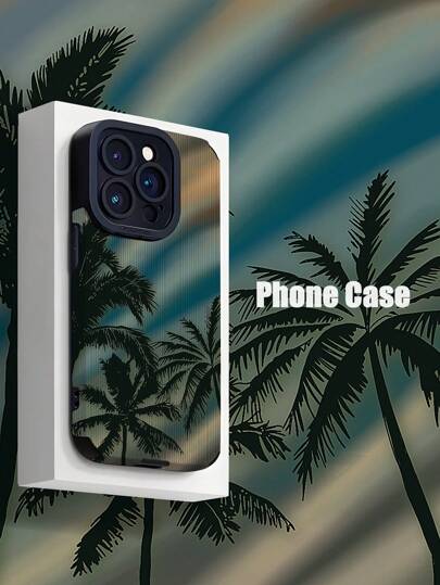 1pc Ombre Background Palm Tree Pattern Vertical Faux Leather Shockproof Anti-Fingerprint Soft Phone Case Compatible With Iphone And Models