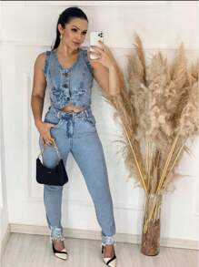 Women's Cropped Vest Top Jeans Fashion Blogger 100% Cotton - Dusty Blue - View 3