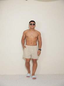Shorts masculinos de linho com pernas largas e bolsos, confortáveis, para lazer - Bege - Visão 1