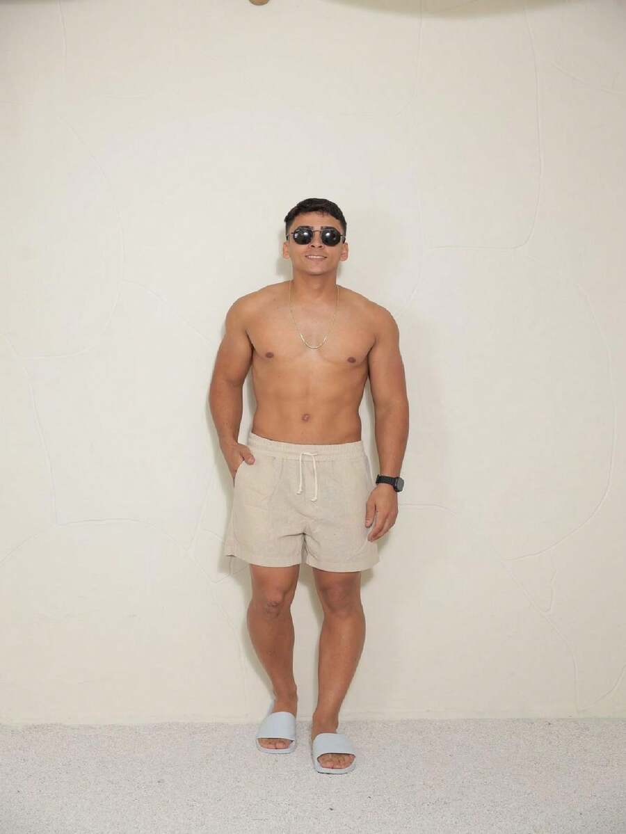 Shorts masculinos de linho com pernas largas e bolsos, confortáveis, para lazer - Bege - Visão 1
