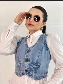 Women's Cropped Vest Top Jeans Fashion Blogger 100% Cotton - Dusty Blue - View 1