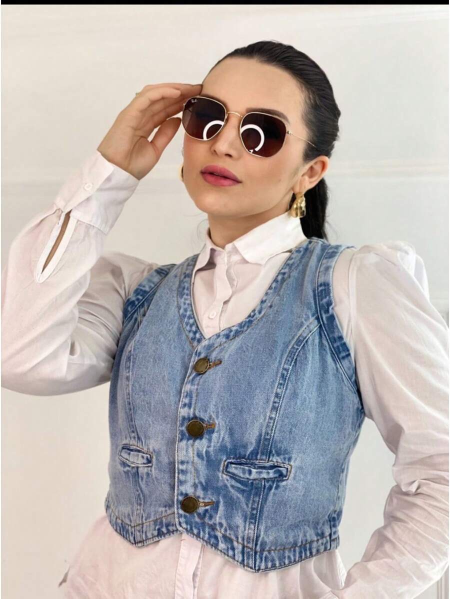 Women's Cropped Vest Top Jeans Fashion Blogger 100% Cotton - Dusty Blue - View 1