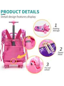 BLING BABIES 3件套拉杆背包，可爱卡通猫咪亮片设计，适合学生，带轮子，包含午餐盒和铅笔盒 - 粉色 - 查看 8