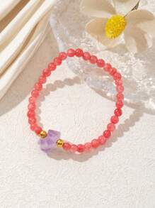 1pc Natural Garnet Beaded Bracelet, Fashionable Jewelry Accessory, Luxury Crystal Bracelet With Elastic Adjustable Design - Wealth & Romance Attraction, Suitable For Women's Daily Work, Vacation, Party Wear, Surprising Women's Jewelry