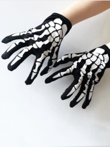 1pair Halloween Scary White Skull Gloves, Halloween Costume Props, Stage Makeup Costumes