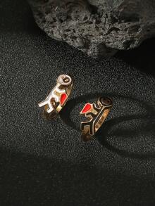 2 piezas Juego de joyas para mujer: Personaje de dibujos animados y anillos con forma de corazón de metal dorado, adecuado para parejas, mejores amigas, madre-hija, amor, anillos con cara sonriente bonita, regalo para amiga, cumpleaños de mamá, recuerdo de amistad - Conjunto de anillos con figuras de amor - Ver 2