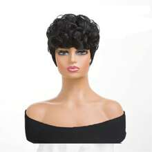 Short Pixie Wigs  Short Black Curly Pixie Wigs Synthetic Hair Wigs  Natural Wavy Black Pixie Cut Wig Short Curly Layered Pixie Wig (Natural Black) - 黑色 - 查看 2
