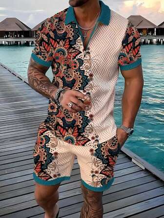 2pcs Men's Leisure Allover Print Collared Short Sleeve Polo Shirt And Pocket Shorts Set
