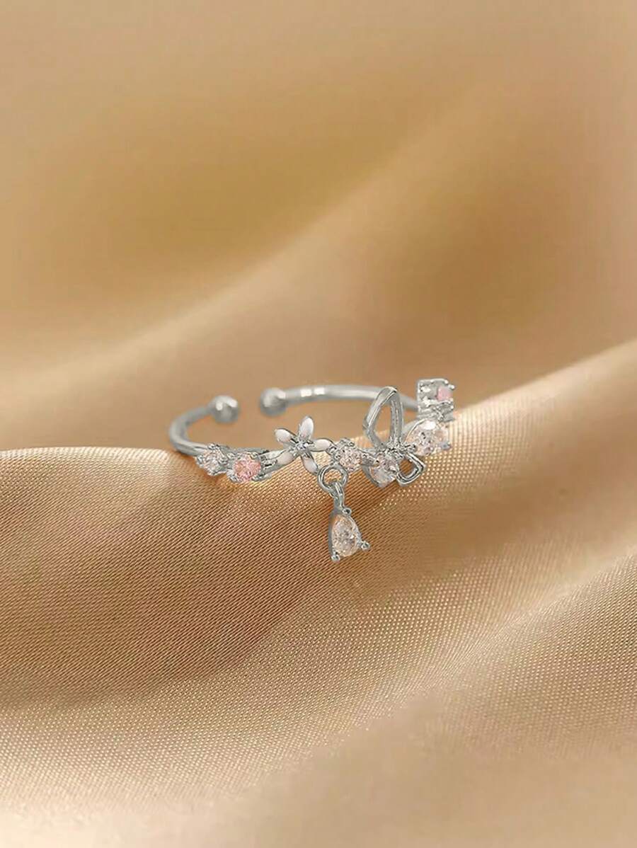Nooxian 1pc Adjustable Silver Color Blooming Flower Micro Pave Zirconia Stone Ring For Women Valentines - Silver - View 1