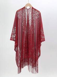 1件纯色镂空蕾丝流苏披肩，多功能沙滩巾 - 彩色 - 查看 6