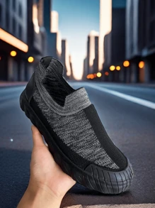 Men's Contrast Color Black And Grey Slip-On Breathable Knit Casual Sneakers, Lightweight And Comfortable