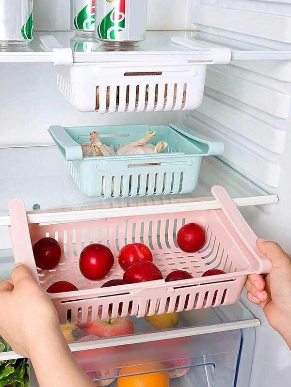 1 pieza Cesta de almacenamiento de plástico para refrigerador, cajón retráctil, organizador de cocina multifuncional, estante de refrigerador apilable, divisor de conservación de frescura, ahorra espacio para uso doméstico y de restaurante