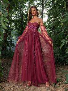 Faeriesty Luxe Applique Detail Off Shoulder Mesh Prom Dress - Burgundy - View 8