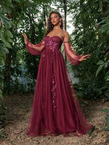 Faeriesty Luxe Applique Detail Off Shoulder Mesh Prom Dress - Burgundy - View 6