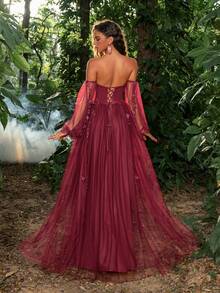 Faeriesty Luxe Applique Detail Off Shoulder Mesh Prom Dress - Burgundy - View 3