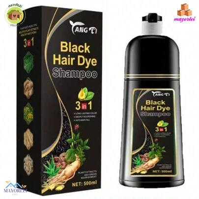 Champú de tinte para el cabello negro 3 en 1-100% de cobertura gris instantánea - componente herbáceo masculino y femenino, listo para usar en minutos (500ml)
