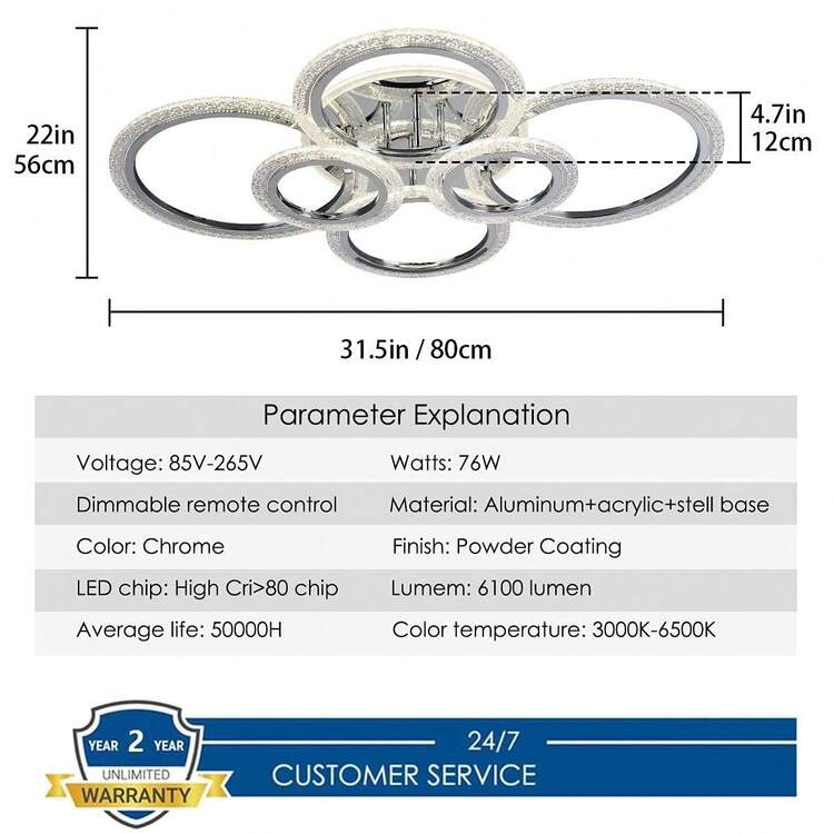 Qcyuui Lámpara de techo LED de 76 W, moderna, cercana al techo, regulable, 6 anillos, para sala de estar, dormitorio, cromo - cromo - Añade 2