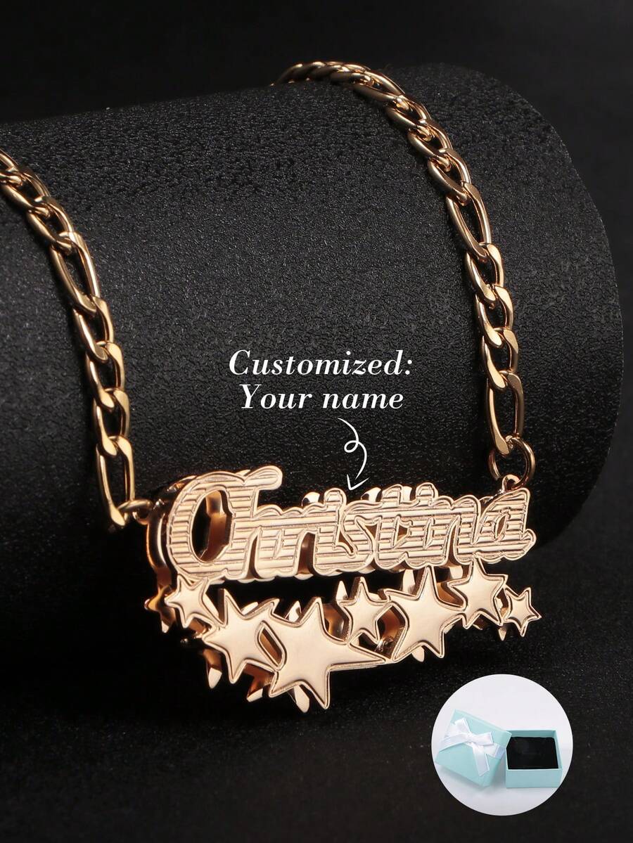 定制 1 件英文名字双条花卉五角星边框项链，母亲节、父亲节、情人节、生日、周年纪念日、毕业典礼、万圣节、圣诞节、家庭的个性化礼物