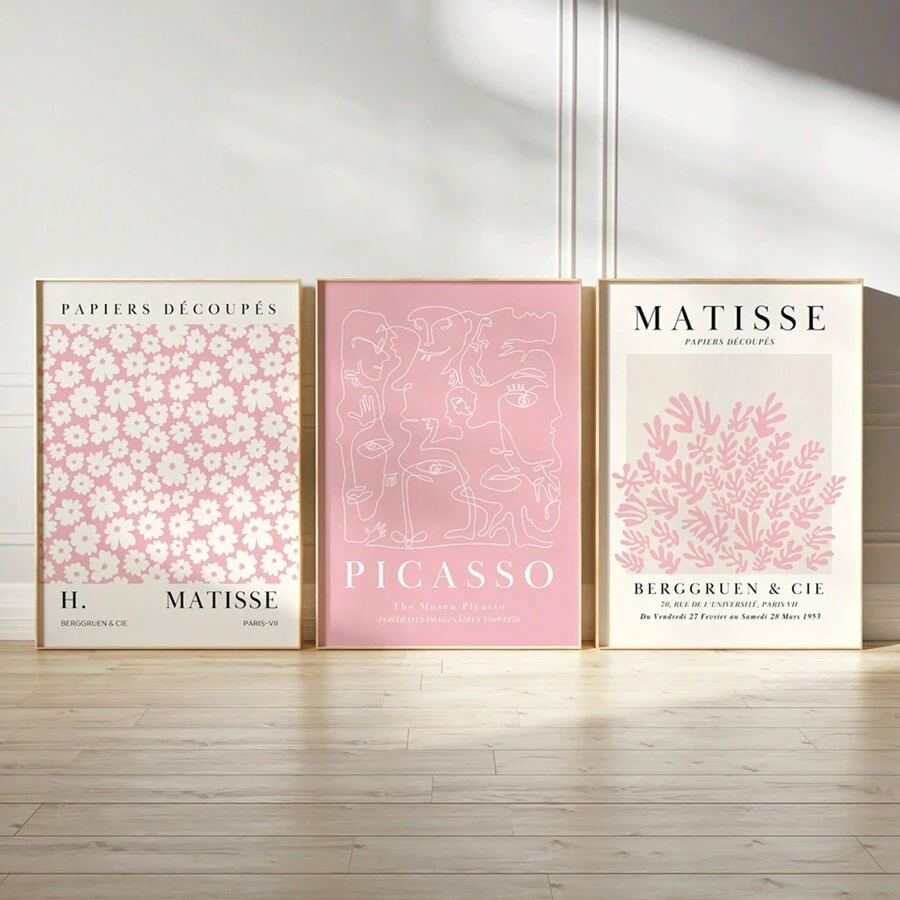 3pcs Matisse & Picasso Inspired Pink Wall Art Set - Abstract Floral Market Posters, Canvas Prints For Living Room, Bedroom, Dining Decor Gifts Birthday Graduation