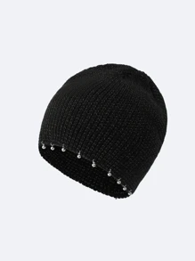 1pc Ear Protection Casual Unique Solid Color Beanie Hat, Acrylic Yarn Ball Embellished Knit Hat With Metallic Thread, For Autumn/Winter Street, Party Wear