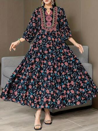 Arab, Casual, Bohemian, Embroidery, Artistic, Retro, Vacation And Tourism Grand Dress, Modest