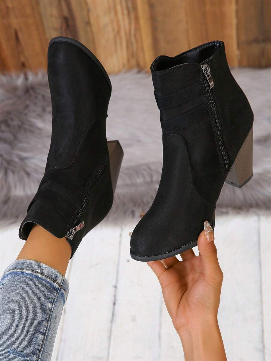 女性時尚麝皮啞光PU皮腰帶扣飾粗跟踝靴,中等的&高跟鞋,冬天,半靴子