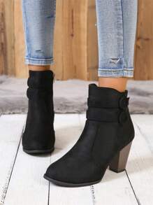 女性時尚麝皮啞光PU皮腰帶扣飾粗跟踝靴,中等的&高跟鞋,冬天,半靴子